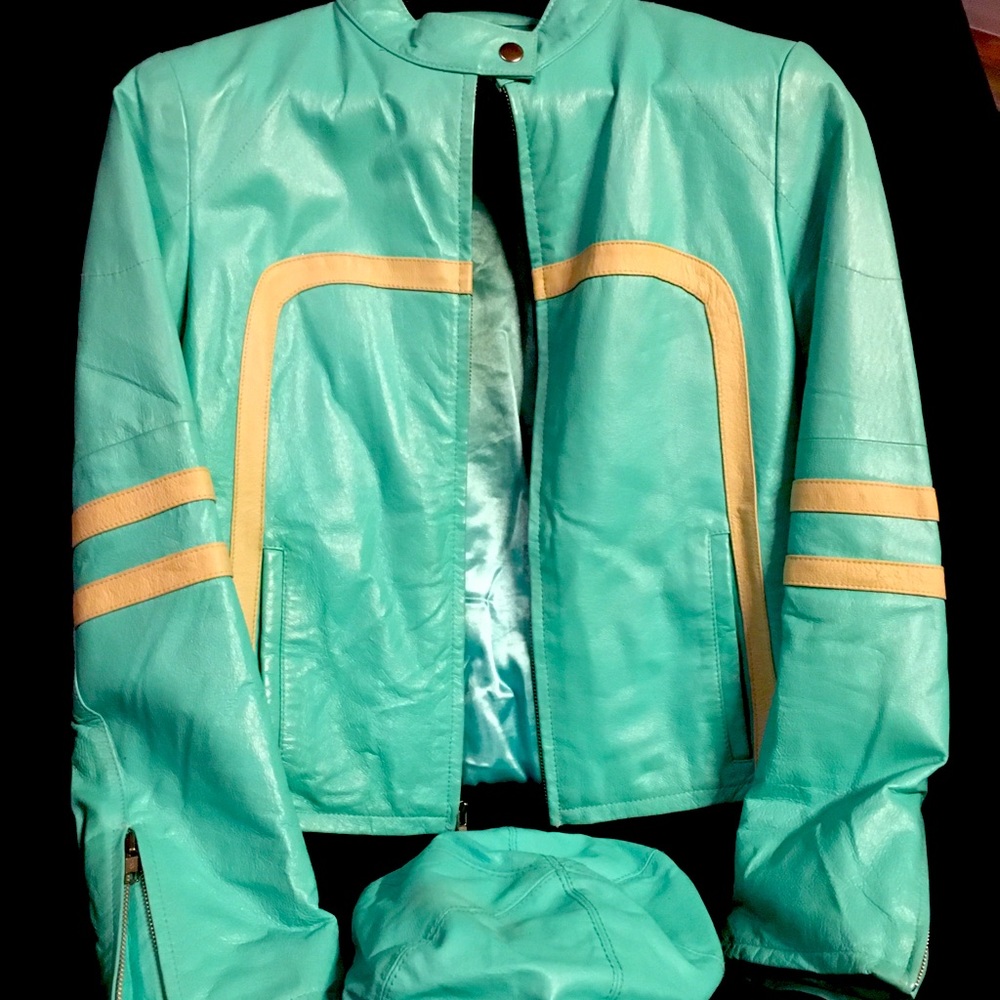 Turquoise motorcycle jacket with hat